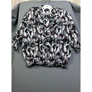 Ivy Chic Woman Blouse 1X Abstract Swirl Ruffle V-Neck Smocked Hem Black Burgundy